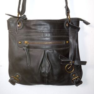 Cesca Charcoal Black Medium Faux Leather Crossbody Shoulder Handbag Purse